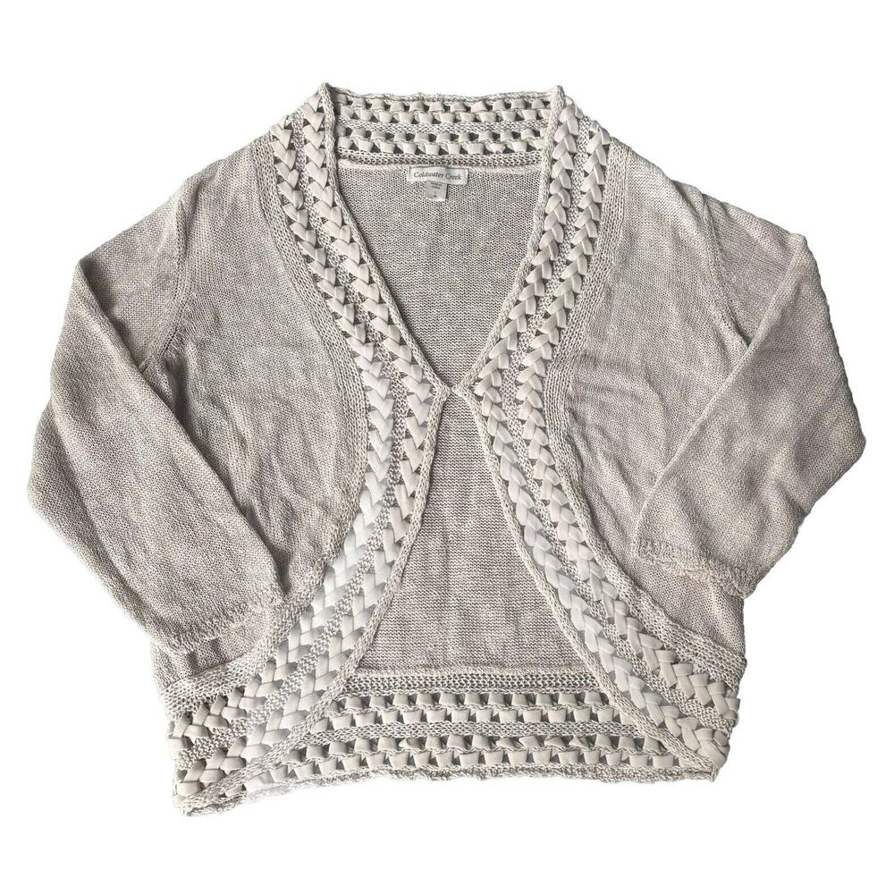 Coldwater Creek Cardigan Sz L 14 Knit Linen Blend Tan Sand Casual Sweater Woven